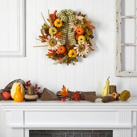 24" Pumpkin, Sunflower Artificial Autumn Wreath With Decorative Ribbon